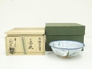 京焼　寺尾陶象造　灰釉鷺草茶碗（共箱）